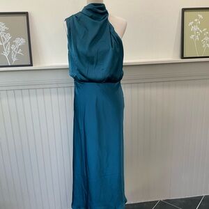 Petal & Pup Teal Satin Maxi Dress Medium One Shoulder Draped Formal Wedding